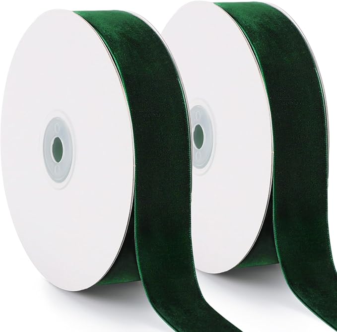 Dark Green Velvet Ribbon, 1 Inch x 20 Yards Single Faced Green Ribbon for Gift Wrapping, Bow Making, Christmas Tree Decorations, Wreath Making and DIY Crafts (10 Yards Each Roll)