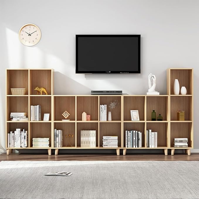 IOTXY Open Cube Low Bookcase - 3-Tier Freestanding Storage Display Cabinet Organizer with Legs for Home Office, 3-Cubes Open Shelf Short Bookshelf, Oak