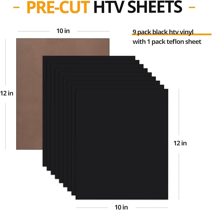HTVRONT Black Heat Transfer Vinyl Bundle - 10 Pack 12" x 10" HTV Vinyl for T-Shirt, Black Iron on Vinyl for All Cutting Machine or Heat Press Machine