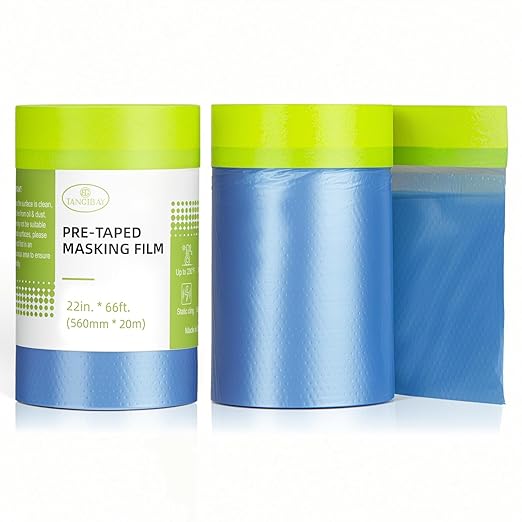 Pre-Taped Masking Film for Painting - 22" x 66' Painters Plastic Sheeting with Automotive Paint Tape and Drape for Covering Cars, Walls, Windows and Furniture Protection (2 Rolls)