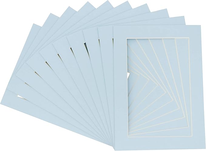 Pack of 25 Acid Free 8x10 Mats Bevel Cut for 5x8 Photos - Baby Blue Precut Matboards With Backing Boards and Clear Photo Mat Bags For Pictures, Photos, Framing - 4-ply Thickness