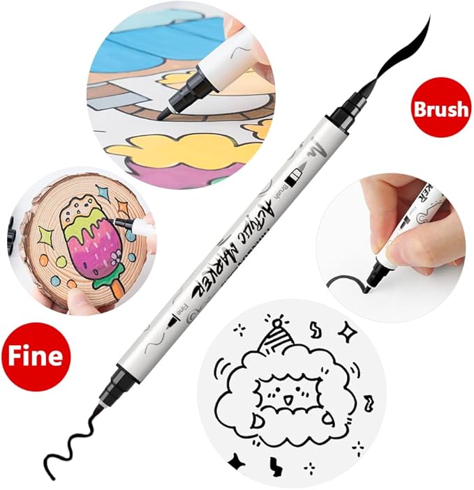 TRANSON 4 Black and 4 White Paint Markers Brush and Fine Dual-tip Acrylic Paint Marker Set for Rock Painting Glass Canvas Wood Leather Ceramic Painting