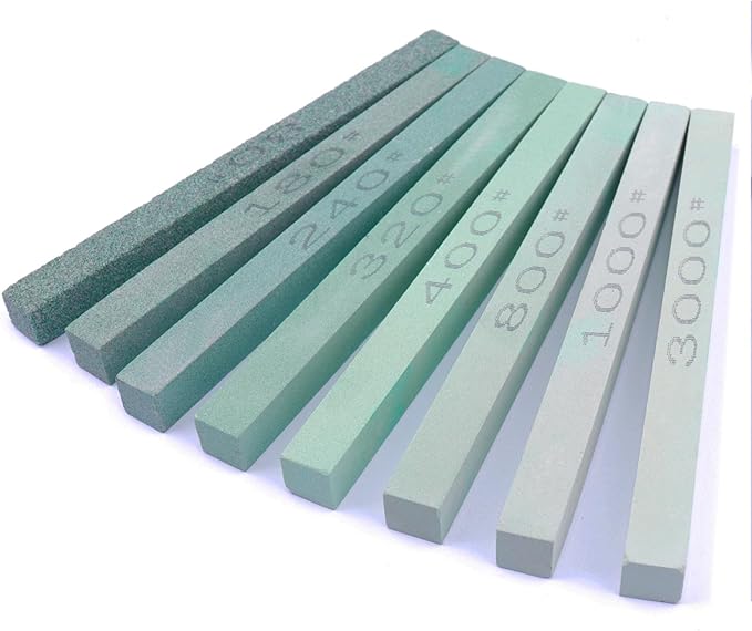 8 pcs Rectangular Shaped Sharpening Stone Sticks Set, 5.92inch Green Silicon Carbide Stones, Grit Sizes 80#-3000# for Models, Metal, & Knife Cutting Tools