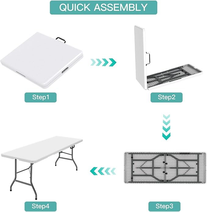 6ft Folding Table, Foldable HDPE Dining Table for Picnic, Camping, Party, Display with Carrying Handle - White