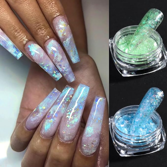 Holographic Nail Art Glitter Iridescent Flakes, 12 Colors Aurora Irregular Opal Nail Foil Flakes Ultra-Thin Nail Glitters Sequins Manicure Decorations for DIY Gel Polish Nail Art, Resin Craft, Gifts