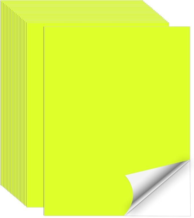Neon Yellow Sticker Paper Labels for Laser & Inkjet Printer, Fluorescent Yellow Printable Sticker Paper- Matte, Letter Size 8.5" x 11"