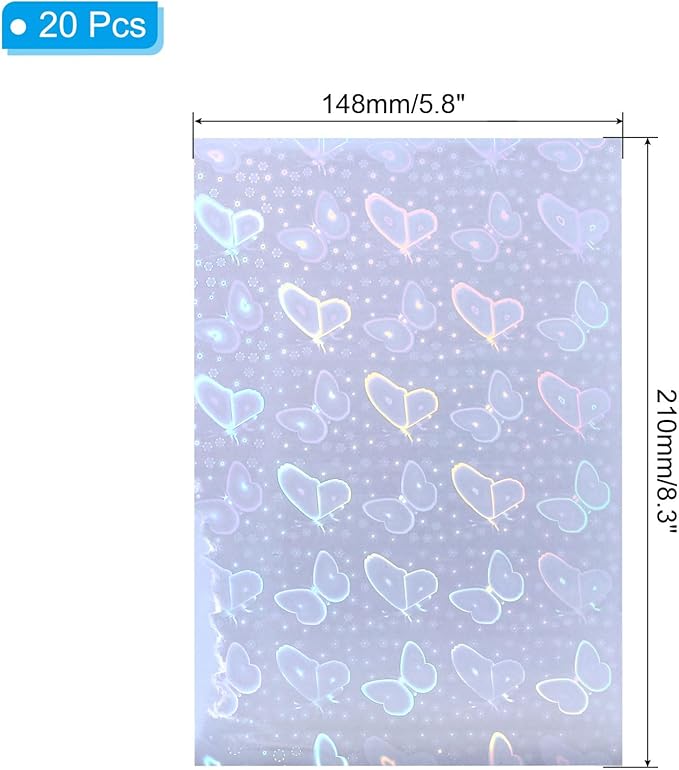 PATIKIL 8.3x5.8" Holographic Sticker Paper, 20Sheets A5 Polypropylene Self-Adhesive Transparent Waterproof Laminate Overlay Film for Photo Cards Scrapbook Decorations, Butterfly