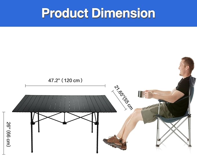 Camping Table 4Ft Folding Table Folding Picnic Aluminum Roll up Camp for Outdoor Beach Grill BBQ Travel Black