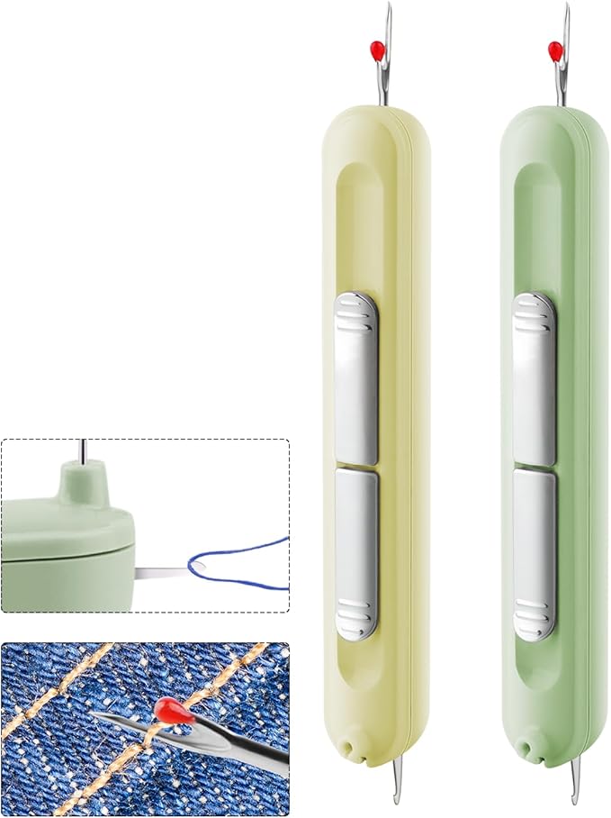 Needle Threaders, 2 in 1 Plug-in Needle Threader Seam Ripper Tool, Automatic Stretchable Seam Rippers for Sewing, Hand Quilling Supplies,Embroidery Stitch Removal(Green/Yellow)