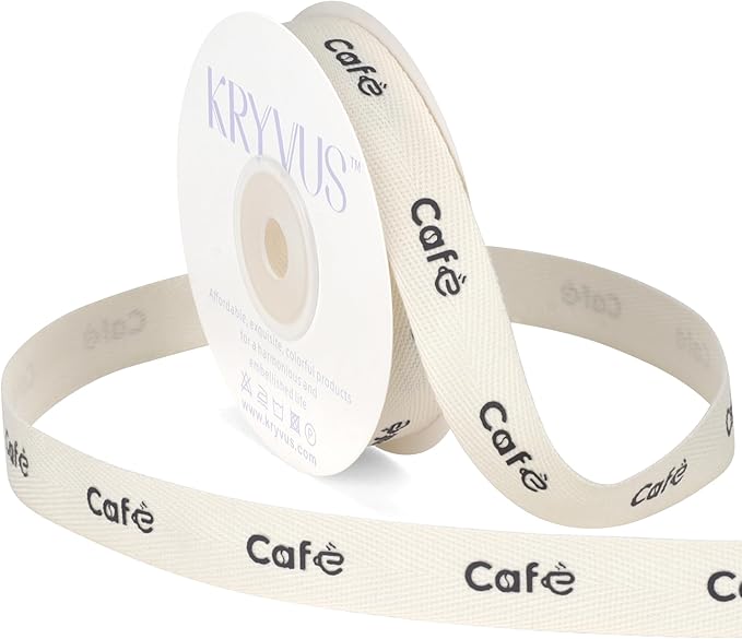 Cafe Print Ribbon - 5/8 Inch x 12 Yards Natural Twill Tape Ribbon, Cotton Herringbone Ribbons for Gift Wrapping, Party, Coffee Bar Decoration