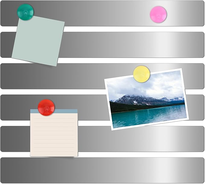 6Pcs 15''L x 1.97''W Frameless Magnetic Bulletin Strip with 48pcs Magnets, Self Adhesive Backing Stainless Iron Bar Memo Board for School, Home, Office