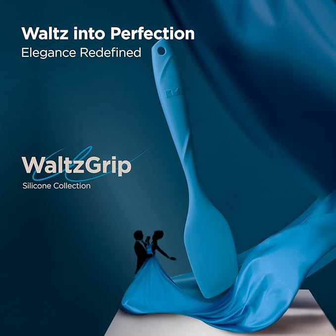 Kitchen Mama WaltzGrip Platinum Silicone Scraping Spatula: Heat Resistant, Seamless, Non Stick for Frying Pan Cookware, Safe, Flexible Bowl Scraper - Ideal for Mixing, Baking, Stirring (Blue)