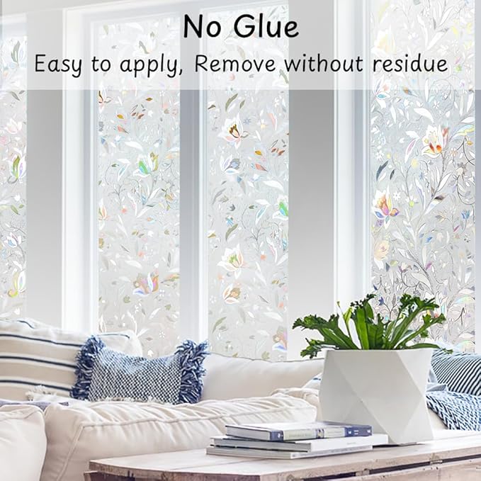 NINETREX Window Privacy Film,3D Stained Glass Window Film,Decorative Window Covering Sun Blocking Vinyl Static Cling Anti-UV Heat Control for Home Decor,Tulip 23.6 x 78.7inch