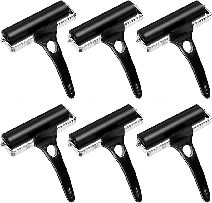 6 Pcs Rubber Roller, 4.7 Inches Black Rubber Brayer Roller for Printmaking, Professional Brayer Rollers for Crafting, Printmaking, Ink, Gluing and Stamping Tools, Handle Comfortable