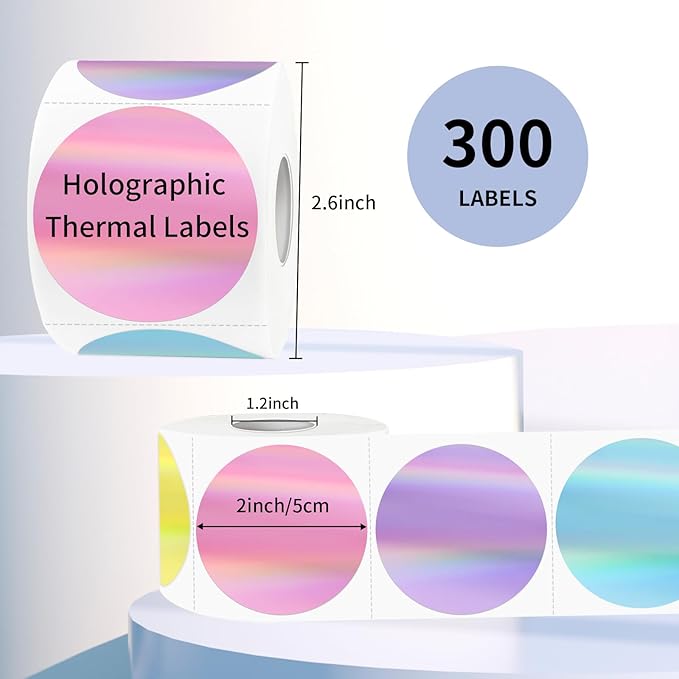 2" Circle Holographic Thermal Label Stickers, Round Printable Rainbow Glitter Thermal Printer Sticker Labels for Gift Wrapping- Spring Color/ 5 Colors