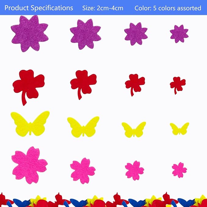 Felt Stickers, Self Adhesive Flower Butterfly Clover Assorted Shapes, Greeting Cards Decorative Stickers with Assorted Colors and Sizes Packing for Kid's Arts Craft Supplies
