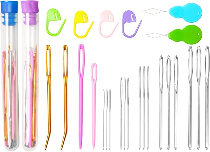 Hekisn 45Pcs Large Eye Blunt Yarn Needles kit, Assorted Sizes Bent Tapestry Darning Needle, Sewing Needles with Needle Threaders & Stitch Markers for Knitting Crochet (Purple&Blue)