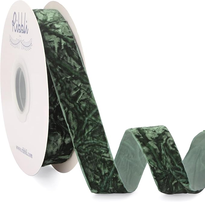 Ribbli Forest Green Velvet Ribbon 1 Inches Luxury Crinkled Green Christmas Ribbon for Gift Wrapping Crafts Home Decor-Continuous 10 Yard
