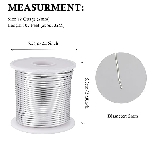 12 Gauge Sliver Aluminum Craft Wire (105FT) - Anodized for Jewelry Making, Beading Floral, Plant Gardening, Sculpting & Modeling Craft Wire (Sliver #1, 2mm)