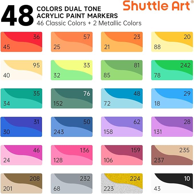 Shuttle Art 24 pack Dual Tone Acrylic Paint Markers, 48 Colors Acrylic Paint Pens for Rock Painting, Ceramic, Wood, Canvas, Glass, Stone, Fabric, Card Making, DIY & Art Supplies