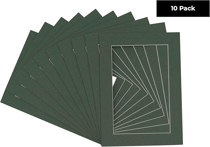 Pack of Ten Acid Free 8.5x11 Mats Bevel Cut for 7x9 Photos - Hunter Green Precut Matboards With Backing Boards and Self Seal Photo Mat Bags For Pictures, Photos, Framing - 4-ply Thickness