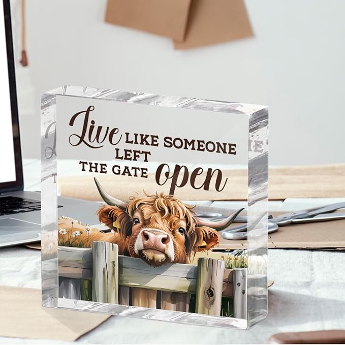 Cute Cow Decorative Signs, Rustic Western Animal Office Desk Decor Acrylic Sign 4x4 Inch, Desk Accessories Signs for Bathroom Cubicle Farmhouse Kitchen, Cow Gifts for Women Friend