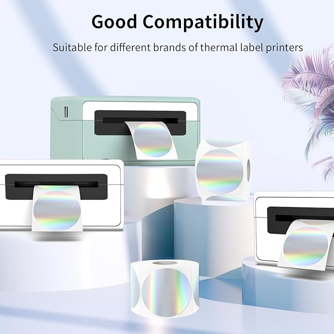 2" Circle Holographic Thermal Label Stickers, Round Printable Rainbow Glitter Thermal Printer Sticker Labels for Gift Wrapping, Self-Adhesive Name Price Tag DIY Custom Logo Design- Silver
