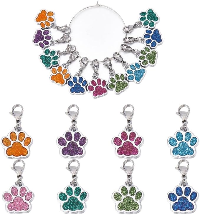SUNNYCLUE 1 Box 16Pcs Knitting Stitch Markers Cute Pet Paw Dog Cat Paws Enamel Charms Lobster Clasp Charms Removable Locking Crochet Pendants for Sewing Weaving DIY Zipper Pull Decoration
