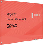 Magnetic Glass Whiteboard - Glass Dry Erase Board 48"x36" Large Frameless Glass Board for Walls Office School and Home, Red