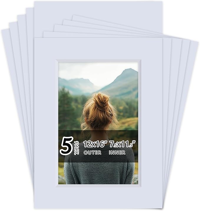 Falling in Art 5 Pack Acid Free 12x16'' White Picture Mats Board Show Kit for 8x12'' Photos, 4-Ply Beveled Pre-Cut Photo Mats with Backing Board for Frames, Artwork and Prints