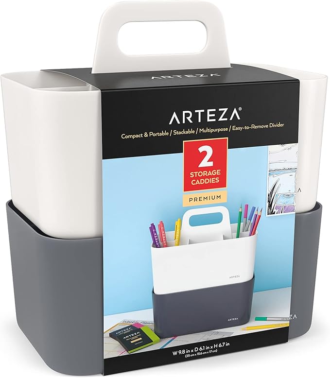 ARTEZA Storage Caddy Pack of 2, Gray and Ivory, 5-Compartment Plastic Caddy Organizer with Easy-to-Remove Divider Partition