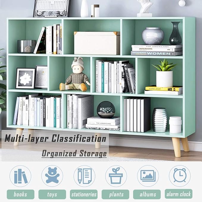 IOTXY Wooden Open Shelf Bookcase - 3-Tier Floor Standing Display Cabinet Rack with Legs, 10 Cubes Kids Bookshelf, Tiffany-Green