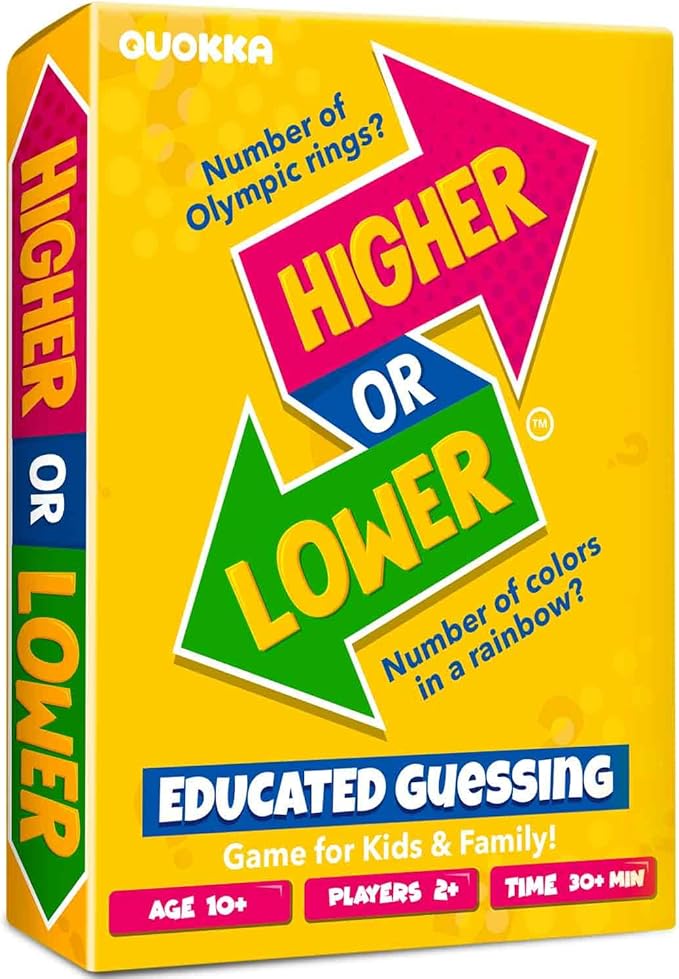 QUOKKA Trivia Board Games for Kids and Adults - Version V2.0 - Family Night Board Game 4xSet Higher or Lower Trivia Cards | Guess Fun Questions | 2 + Players - Challenge Your General Knowledge