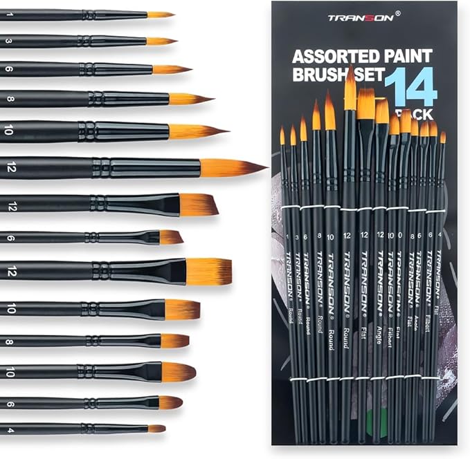 Transon 14pcs Artist Paint Brushes for Acrylic, Watercolor, Gouache, Oil and Hobby Painting Black Color