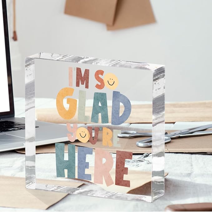 Positive Affirmation Desk Decor Acrylic Sign 4X4 Inch, Motivational Smile Face Desk Decorative Signs for Shelf Tabletop Cubicle Room Office, Welcome Gifts for Women Men Friends