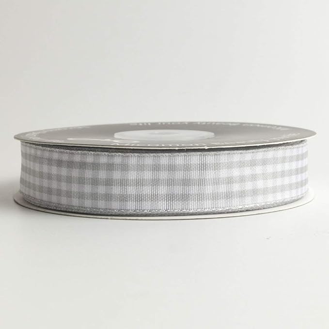 Gingham Ribbon - Gray and White, 25 Yards Each Roll, 100% Polyester (5/8")