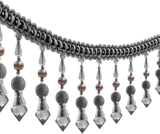 3yards Beading Fringe Trimming Long Beads Tassel Curtain Trim Ribbon Trim for Cover Edge Decorative (Gray)