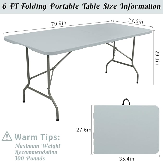 2 Pack 6 FT Folding Tables Grey Foldable Table, Fold-in-Half with Carrying Handle Portable Plastic Rectangular Table for Party, Dining, Wedding, Camping, Picnic, Indoor Outdoor Events