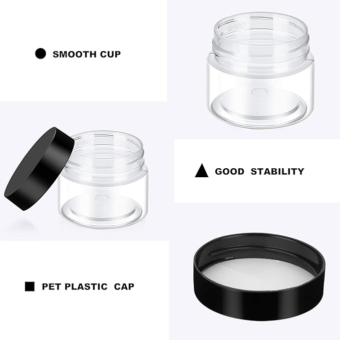 12 Pack 7 oz Plastic Container Jars with Lids Round Clear Travel Cosmetic Container Jars for Toiletries, Lotion, Cream, Ointments, Makeup, Rhinestone, Samples, Kitchen Storage (Black)