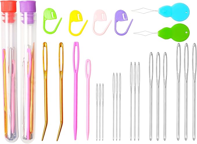 Hekisn 45Pcs Large Eye Blunt Yarn Needles Kit, Assorted Sizes Bent Tapestry Darning Needle, Sewing With Threaders & Stitch Markers for Knitting Crochet (Purple&Red)
