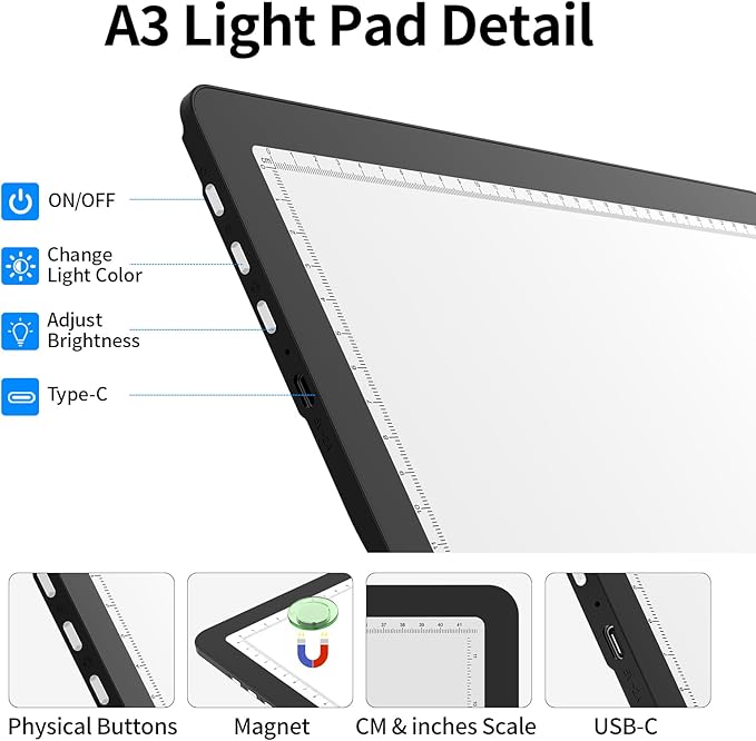 TOHETO Rechargeable A3 Light Board with Stand, Bag, Super Bright Magnetic Light Pad with Side Buttons, Wireless Light Box for Tracing and Drawing, Cordless Light Table for Diamond Painting, Sketching