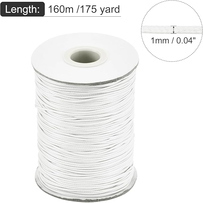 MECCANIXITY Waxed Cord 1mm Waxed Polyester Cord 175 Yard Wax String for Bracelet Making,Necklaces, Beading,Jewelry Making and DIY Crafts(White)