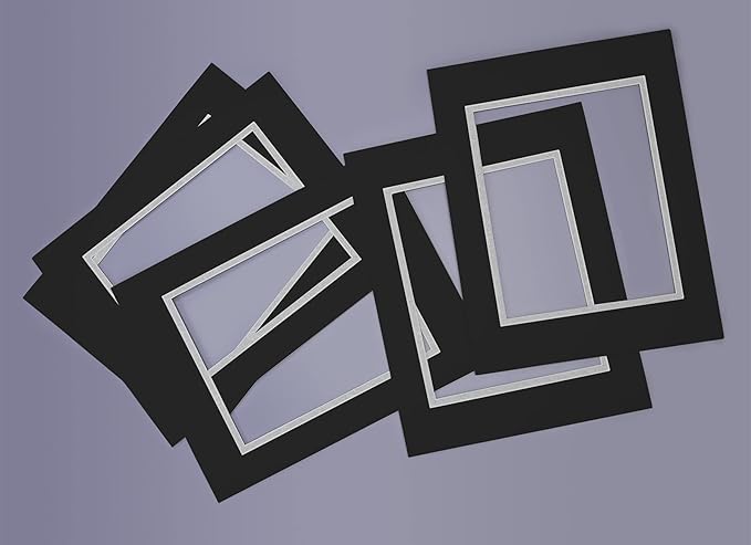 Golden State Art, 11x14 Double Mats for 8x10 - for Photos, Pictures, Frames - Acid-Free, 5 Pack, Black Over Silver