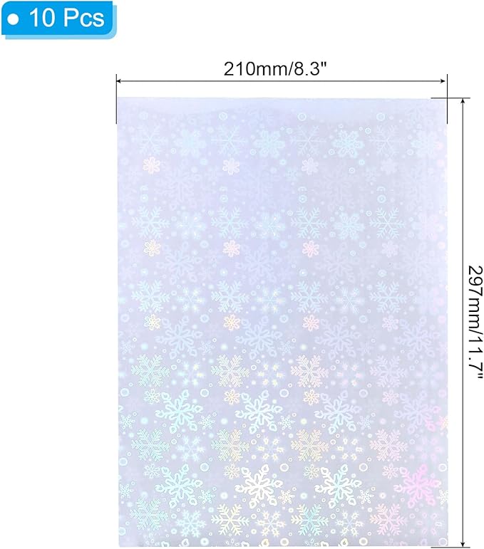 PATIKIL 11.7x8.3" Holographic Sticker Paper, 10Sheets A4 Polypropylene Self-adhesive Transparent Waterproof Laminate Overlay Film for Photo Cards Scrapbook Decorations, Snowflake
