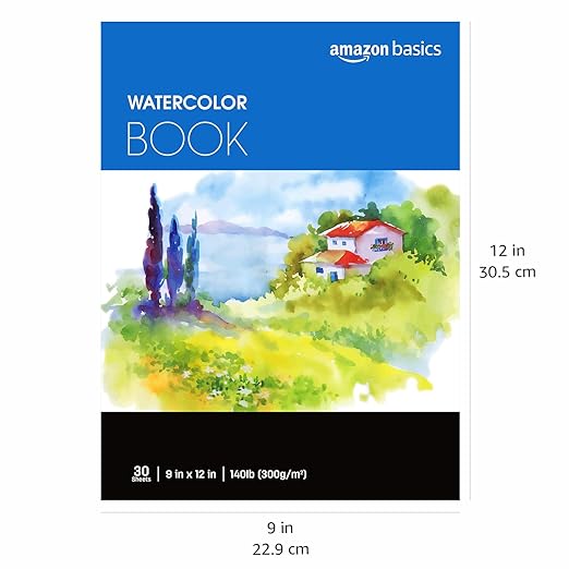 Amazon Basics Watercolor Pad, 9"x12", 140 lb / 300 gsm, 30 Sheets, White