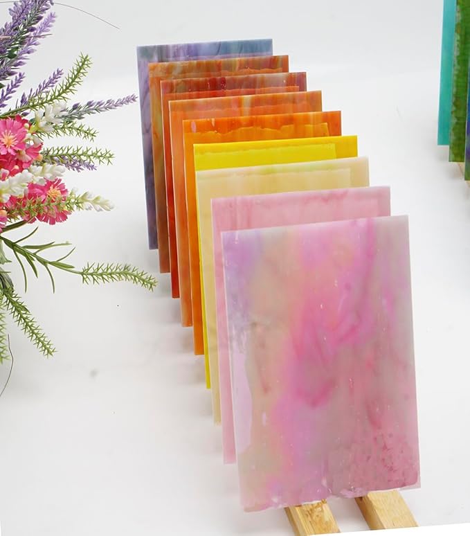 Lanyani 26 Sheets Sparkly Iridescent Stained Glass Sheets Variety Assortment Pack, Opaque Shimmery Art Glass Sheets for Mosaic DIY Glass Crafts,4x6 inches