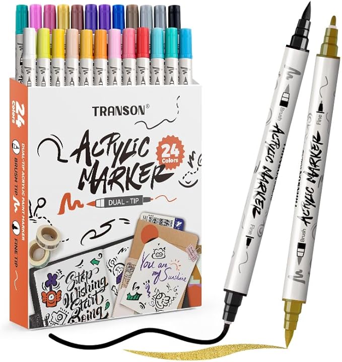 TRANSON 24 Colors Fine and Brush Dual-tip Acrylic Paint Marker Pen Set for Canvas Rock Wood Leather Ceramic DIY Painting