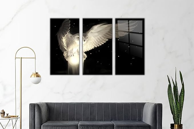 SpiritualHands White Owl Tempered Glass Wall Art Painting for Living Room, Tempered Glass Modern Prints Decor, Large Vivid Color Panel for Bedroom, Kitchen, or Office