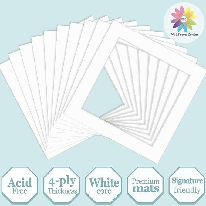 MBC Mat Board Center, 10 Pack 10x10 for 8x8 White Picture Mats Frame Mattes, Bevel Cut, Acid Free, 4-ply Thickness