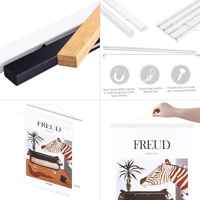 Ywlake Magnetic Poster Hanger, 9x12 9x14 9x17 Poster Frame Wood Wooden Magnet Print Posters Dowel Scroll Hanger Hangers Hanging Kit for Walls Map Canvas Artwork (White, 9")